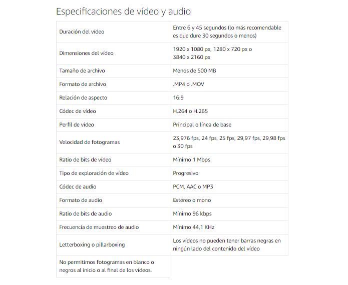 especificaciones tecnicas anuncios video amazon