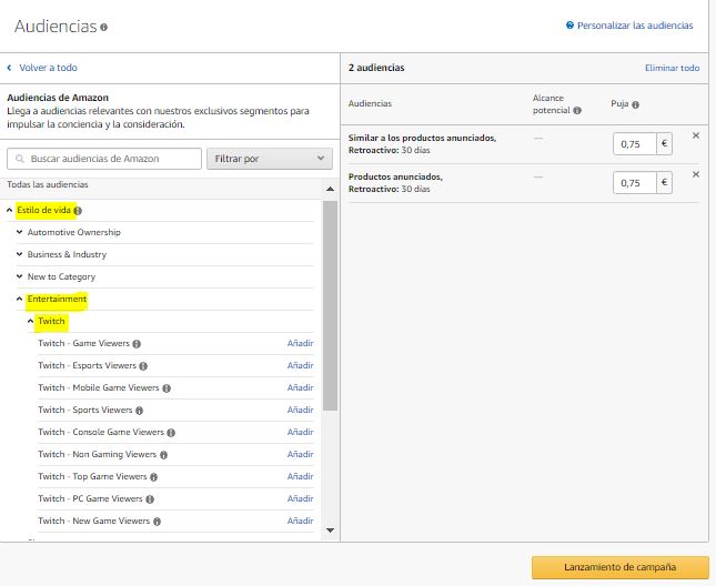 segmentar usuarios twitch en amazon