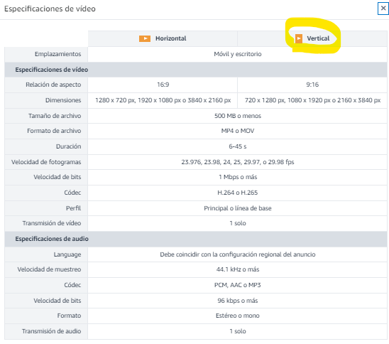 especificaciones videos verticales amazon ads