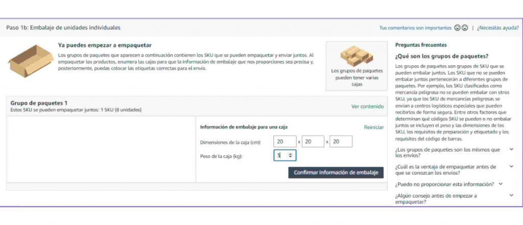 introducir la información de embalaje para una caja