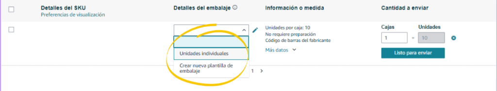 opción de unidades individuales, crear nueva plantilla de embalaje